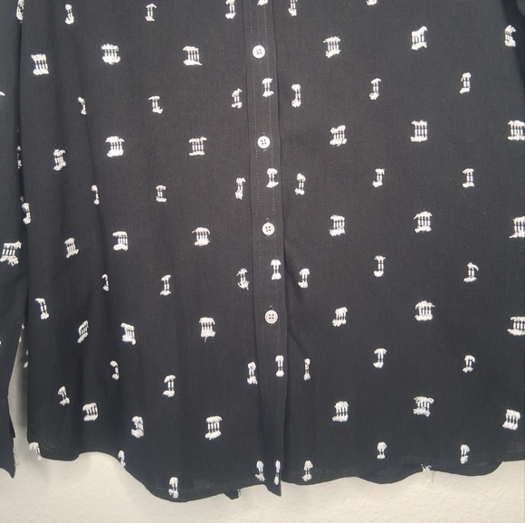 LOFT Black Button-Up Long Sleeve Shirt White Embroidery Accents Preppy Boho Sz L - Picture 5 of 15